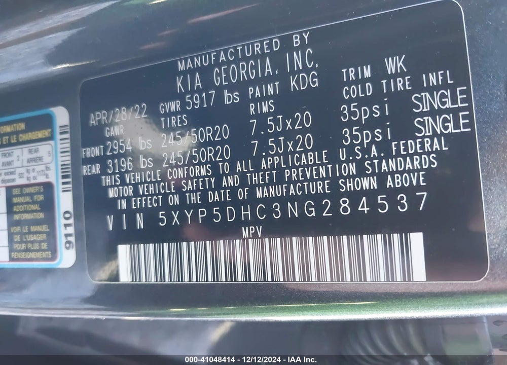 2022 KIA TELLURIDE SX VIN: 5XYP5DHC3NG284537
