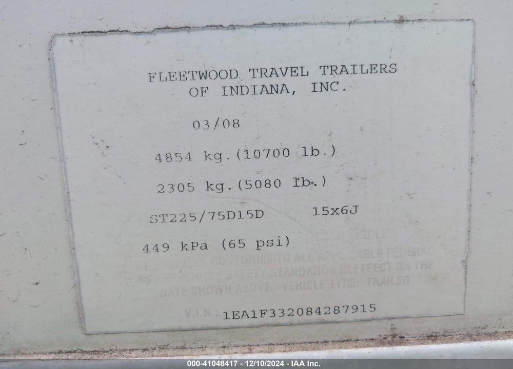 2008 FLEETWOOD TERRY VIN: 1EA1F332084287915