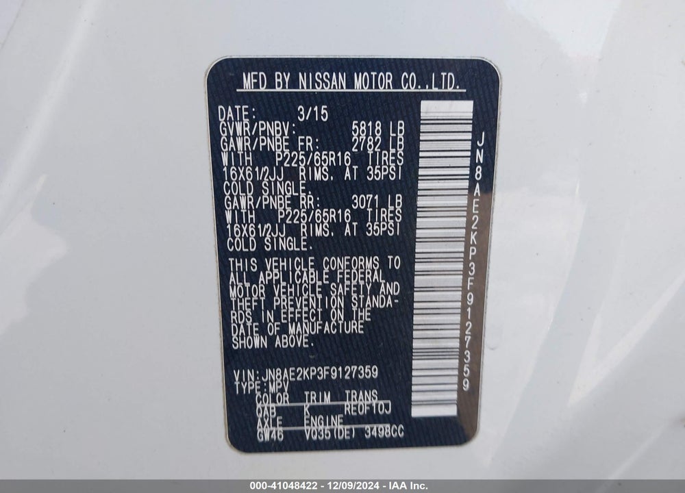 2015 NISSAN QUEST VIN: JN8AE2KP3F9127359