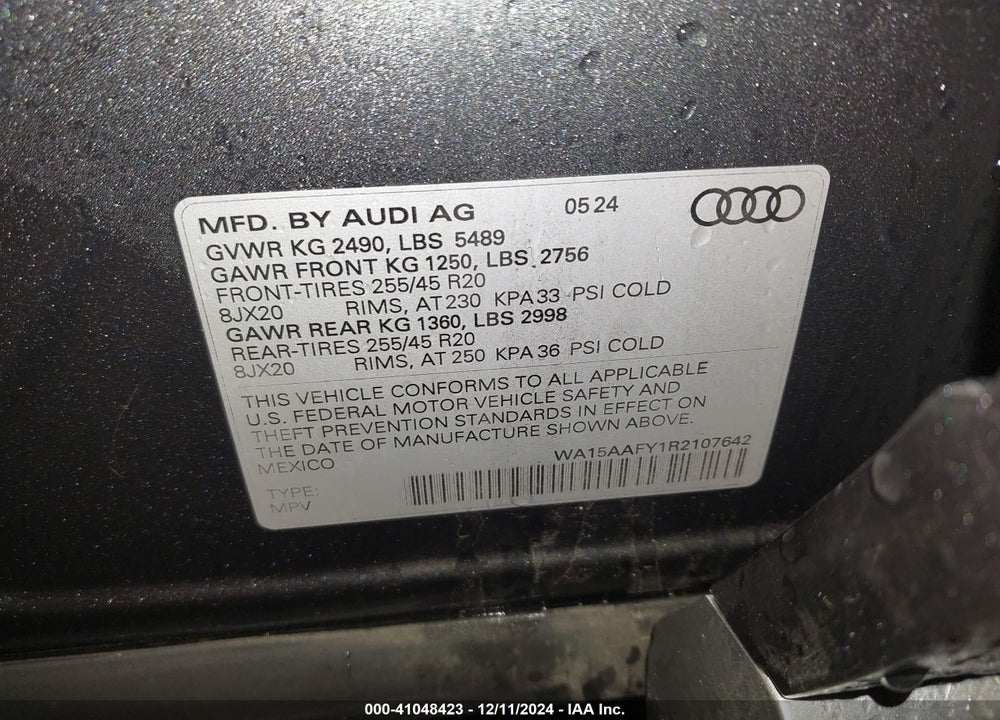 2024 AUDI Q5 SPORTBACK PREMIUM PLUS 45 TFSI S LINE QUATTRO S TRONIC VIN: WA15AAFY1R2107642