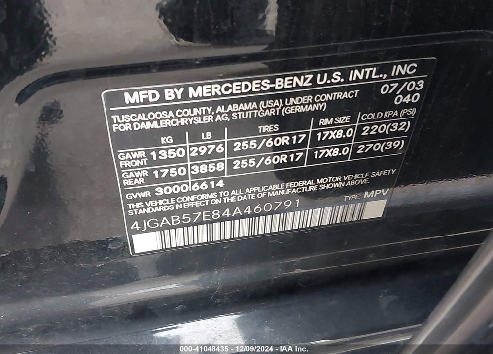 2004 MERCEDES-BENZ ML 350 4MATIC VIN: 4JGAB57E84A460791