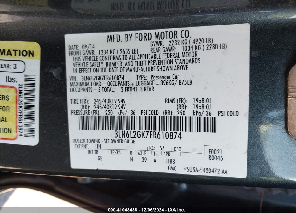 2015 LINCOLN MKZ VIN: 3LN6L2GK7FR610874