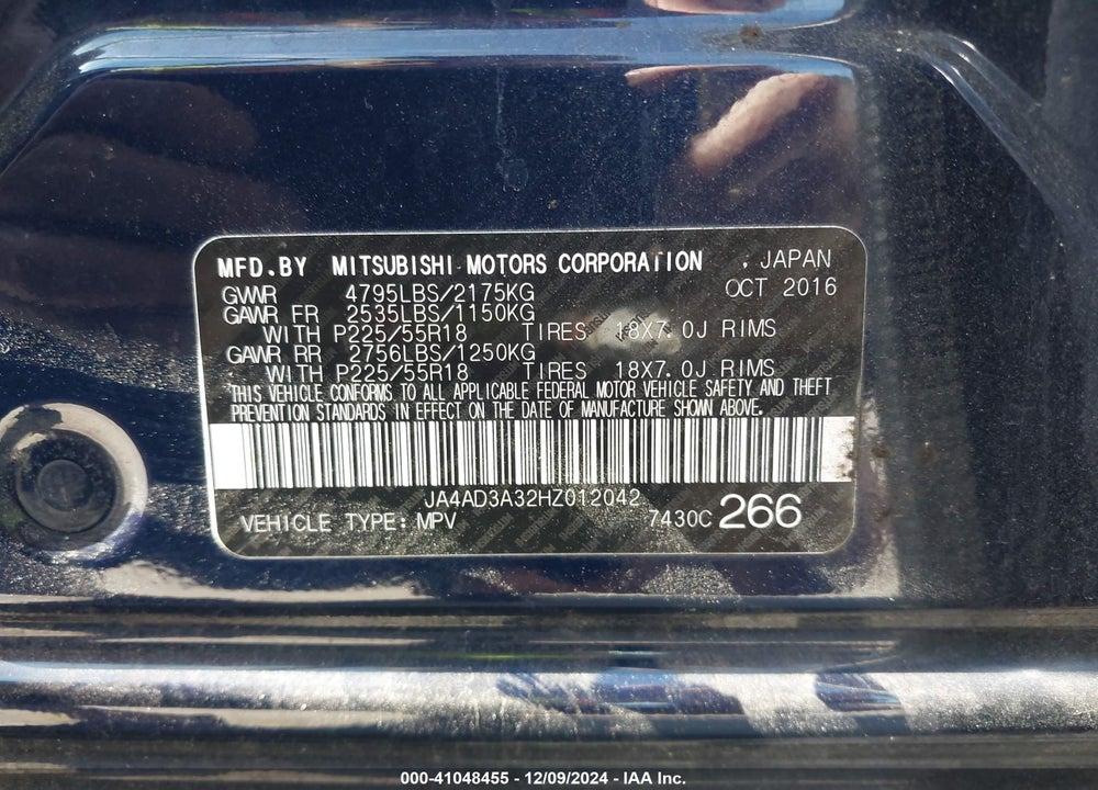 2017 MITSUBISHI OUTLANDER VIN: JA4AD3A32HZ012042