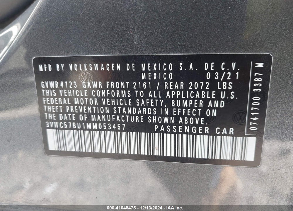 2021 VOLKSWAGEN JETTA 1.4T R-LINE/1.4T S/1.4T SE VIN: 3VWC57BU1MM053457