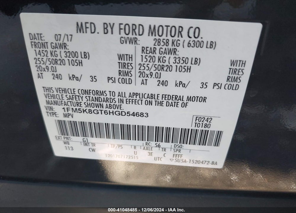 2017 FORD EXPLORER SPORT VIN: 1FM5K8GT6HGD54683