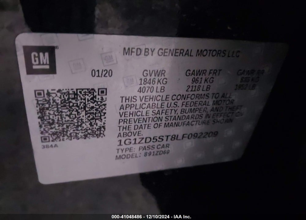 2020 CHEVROLET MALIBU VIN: 1G1ZD5ST8LF092209