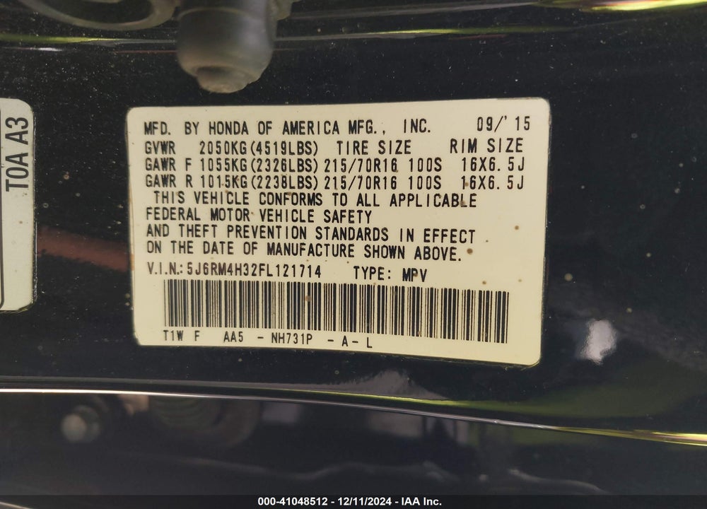 2015 HONDA CR-V LX VIN: 5J6RM4H32FL121714