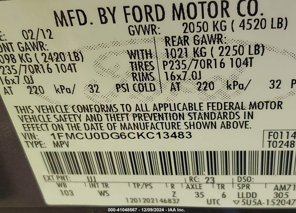 2012 FORD ESCAPE XLT VIN: 1FMCU0DG6CKC13483