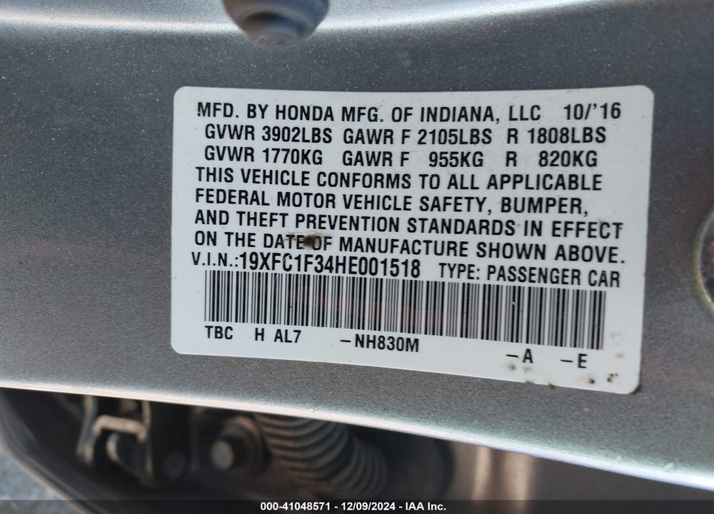 2017 HONDA CIVIC VIN: 19XFC1F34HE001518