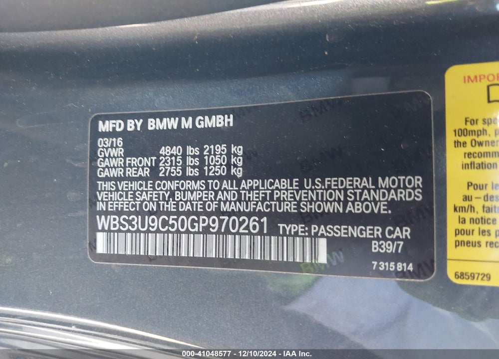 2016 BMW M4 VIN: WBS3U9C50GP970261