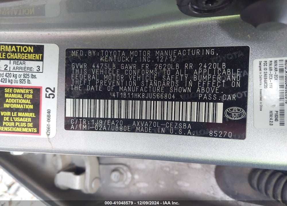 2018 TOYOTA CAMRY SE VIN: 4T1B11HK8JU566804