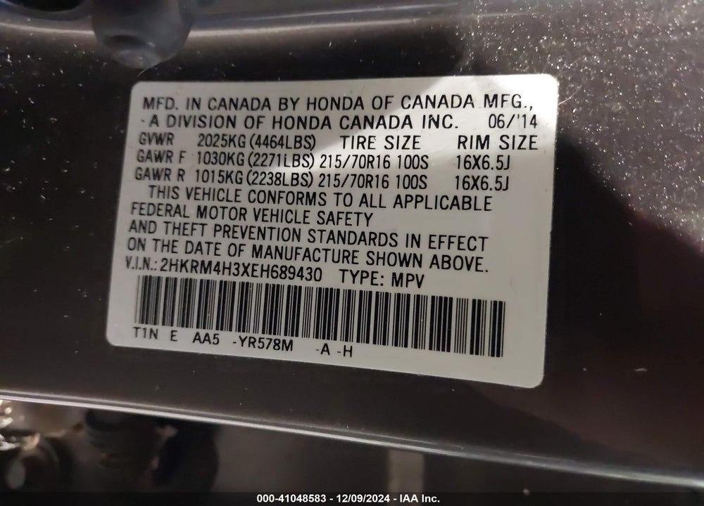 2014 HONDA CR-V LX VIN: 2HKRM4H3XEH689430