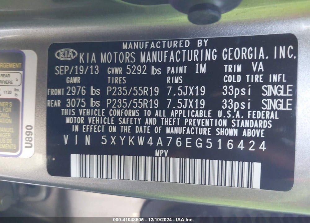 2014 KIA SORENTO VIN: 5XYKW4A76EG516424
