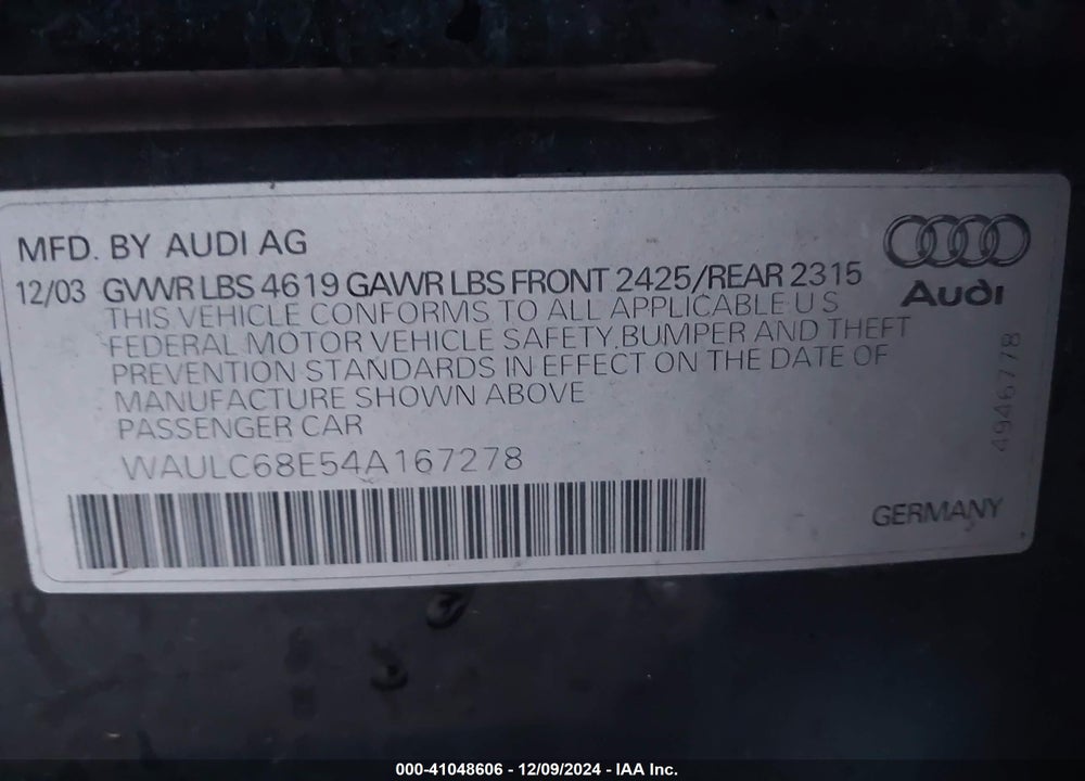 2004 AUDI A4 1.8T VIN: WAULC68E54A167278