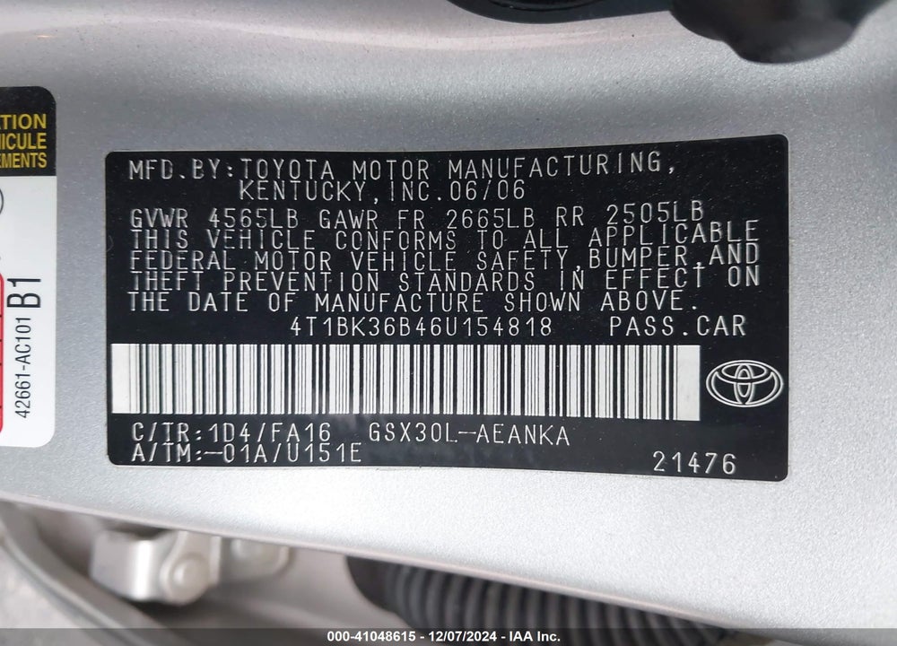 2006 TOYOTA AVALON XL VIN: 4T1BK36B46U154818