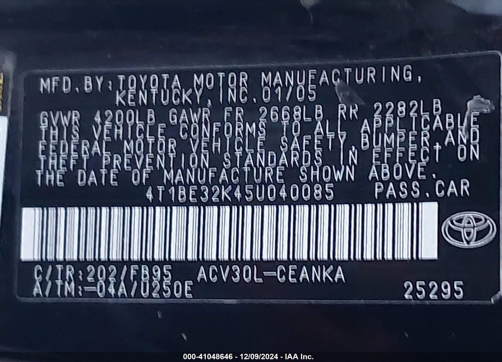 2005 TOYOTA CAMRY LE VIN: 4T1BE32K45U040085