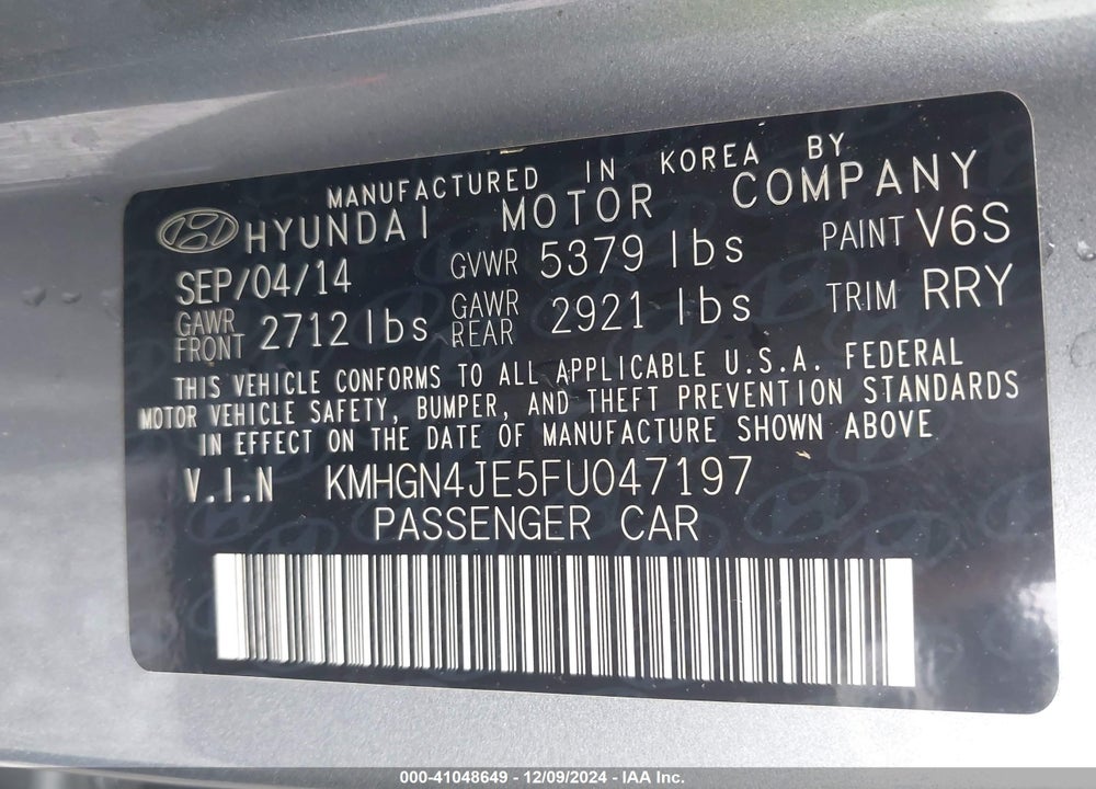 2015 HYUNDAI GENESIS 3.8 VIN: KMHGN4JE5FU047197