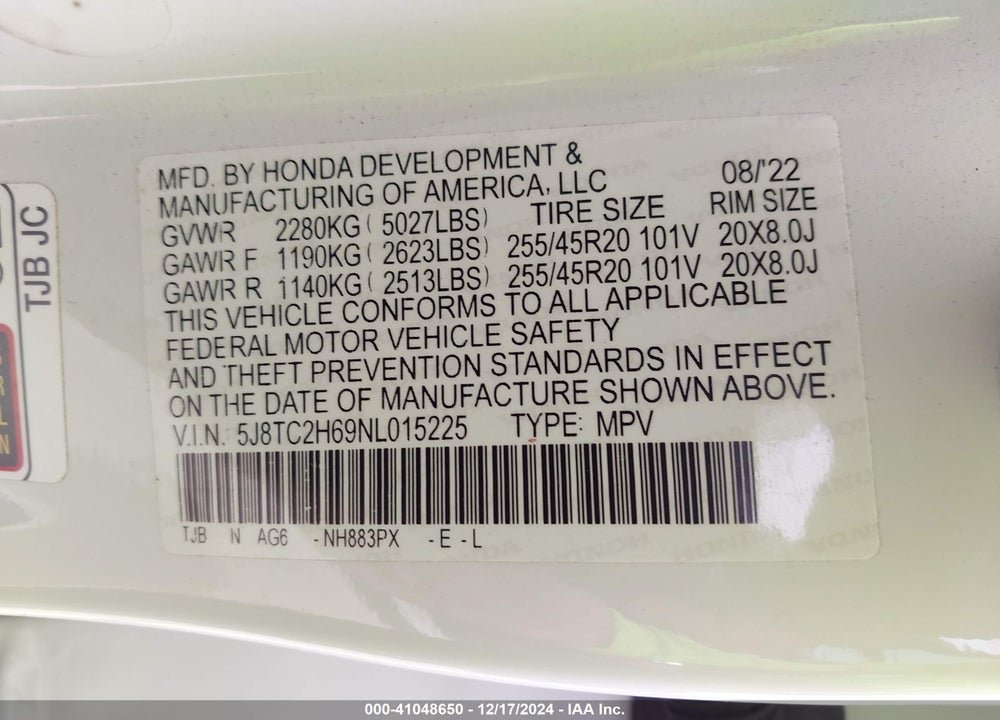 2022 ACURA RDX A-SPEC PACKAGE VIN: 5J8TC2H69NL015225