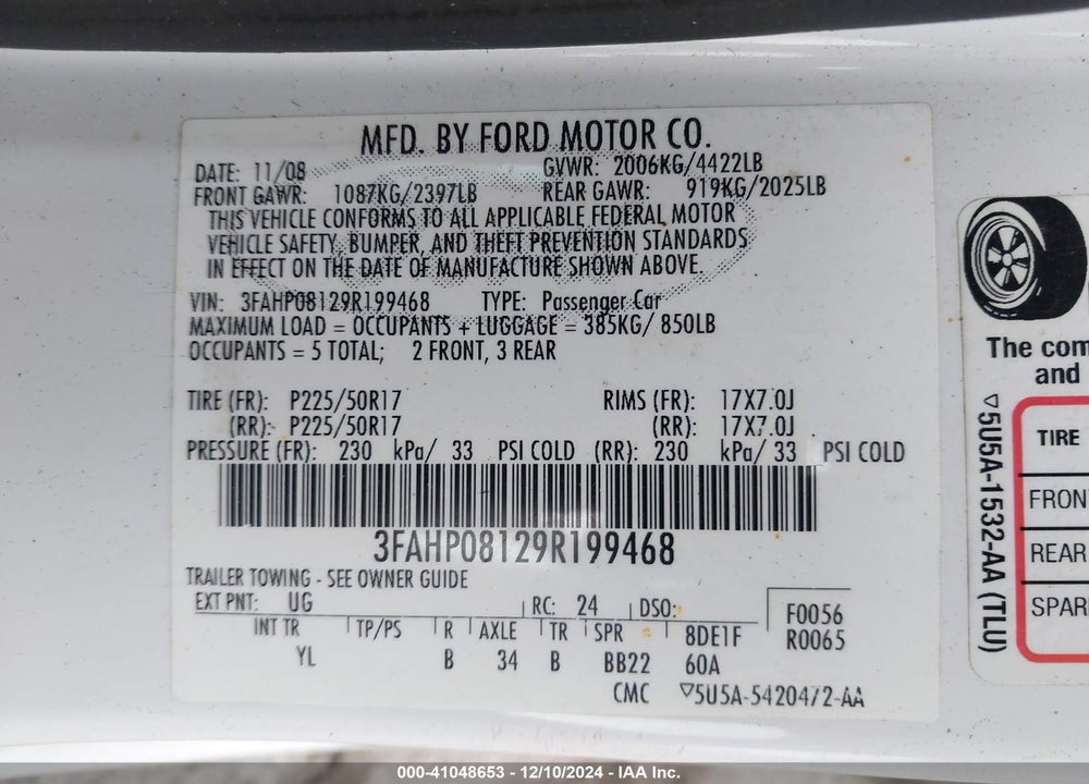 2009 FORD FUSION SEL VIN: 3FAHP08129R199468