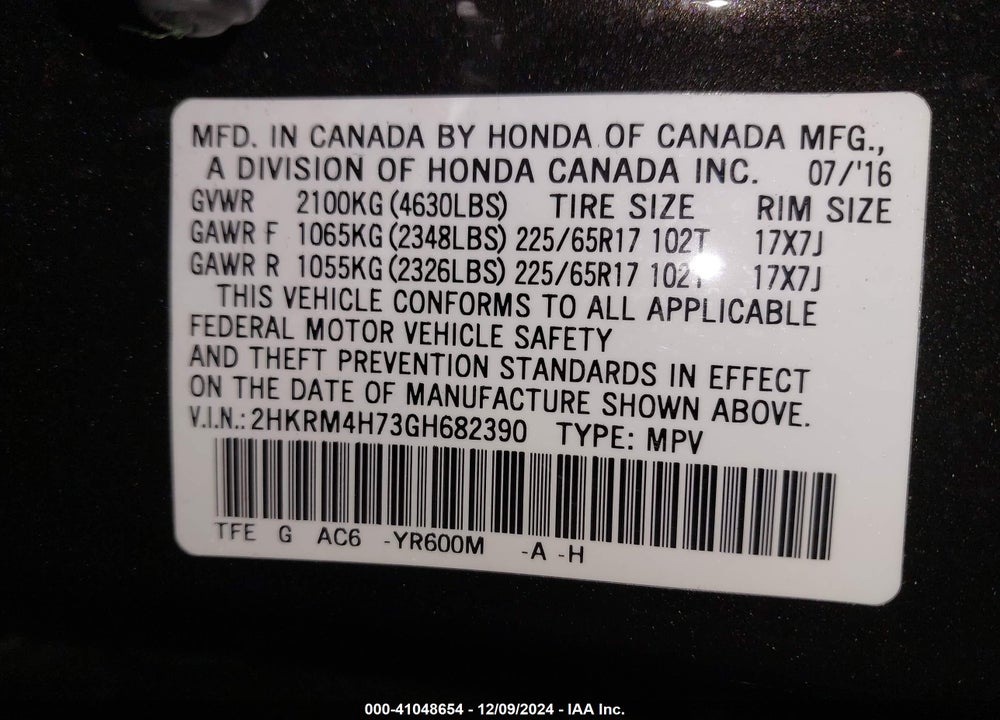 2016 HONDA CR-V EX-L VIN: 2HKRM4H73GH682390