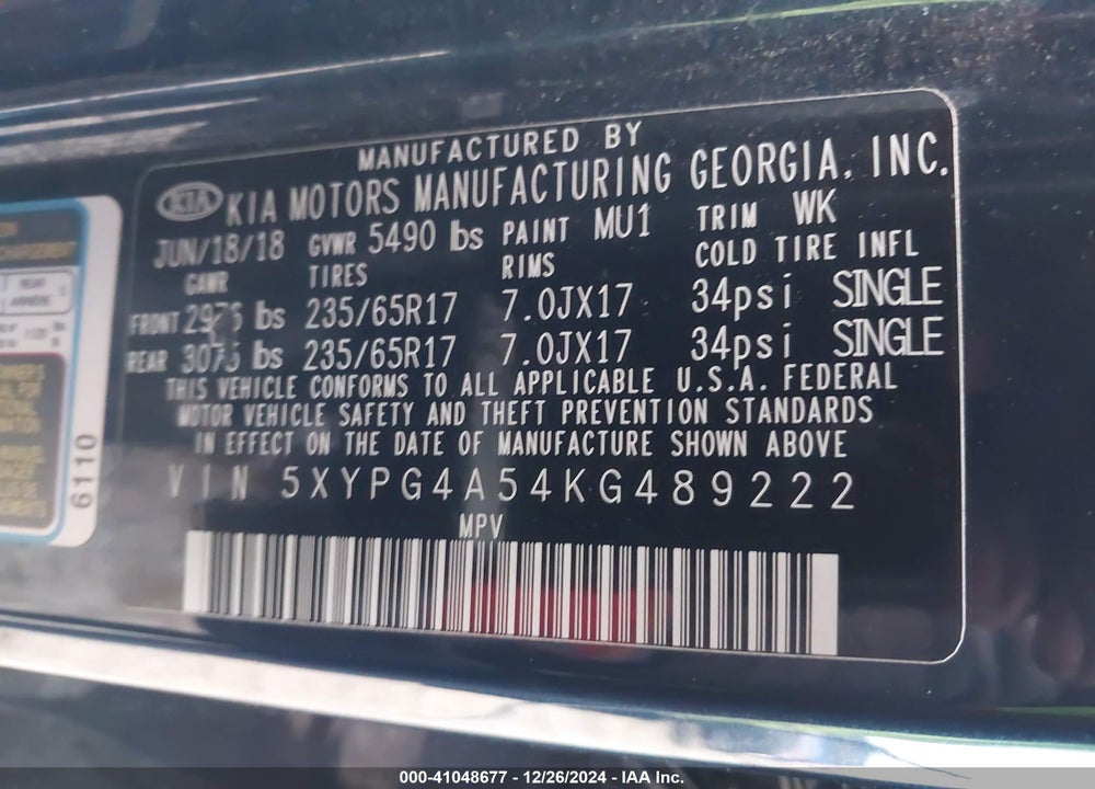 2019 KIA SORENTO VIN: 5XYPG4A54KG489222