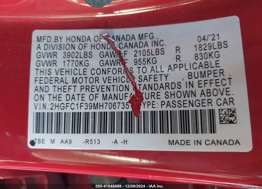 2021 HONDA CIVIC EX VIN: 2HGFC1F39MH706735