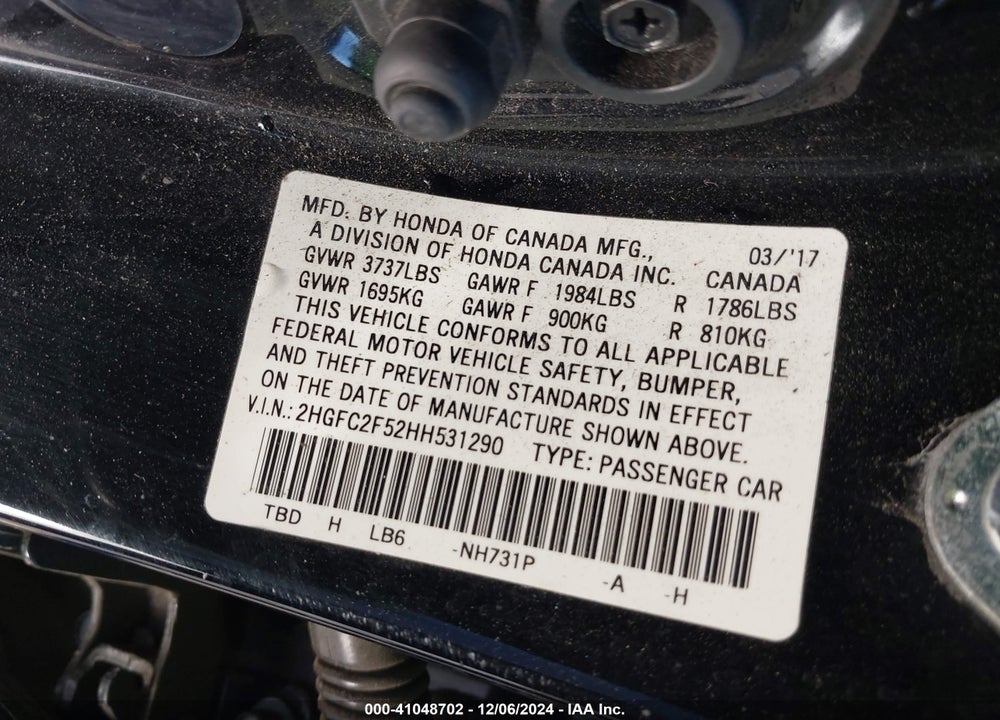2017 HONDA CIVIC LX VIN: 2HGFC2F52HH531290