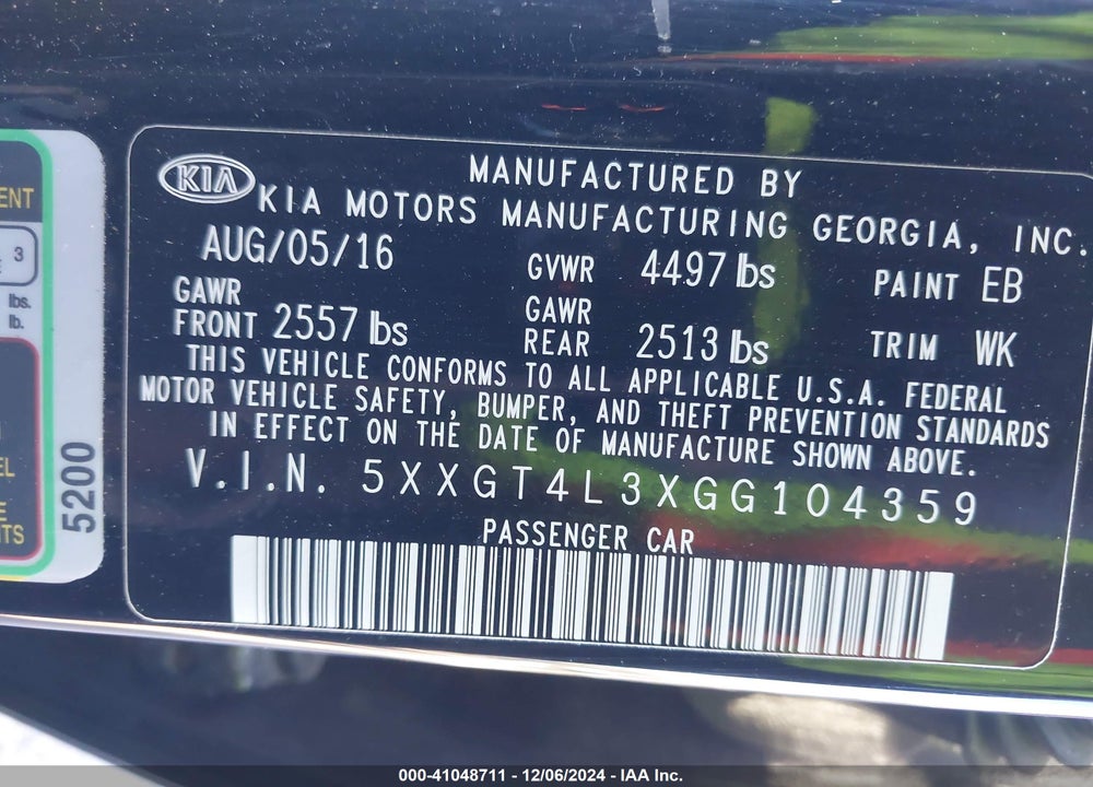 2016 KIA OPTIMA LX VIN: 5XXGT4L3XGG104359