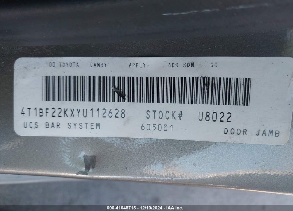 2000 TOYOTA CAMRY LE V6 VIN: 4T1BF22KXYU112628
