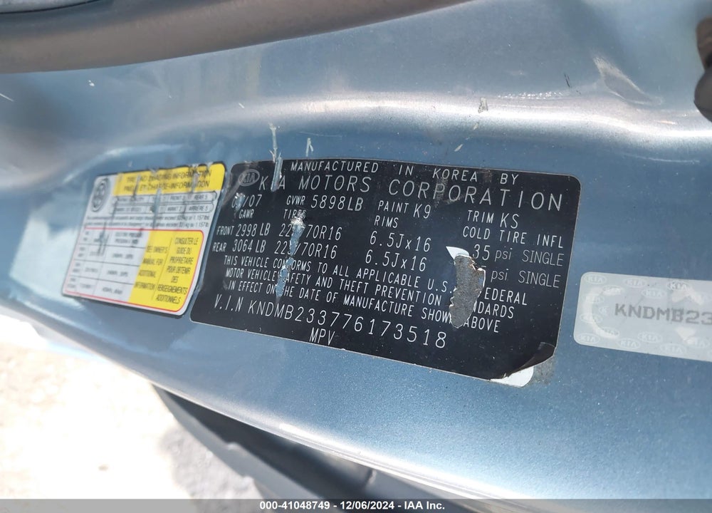 2007 KIA SEDONA LX VIN: KNDMB233776173518