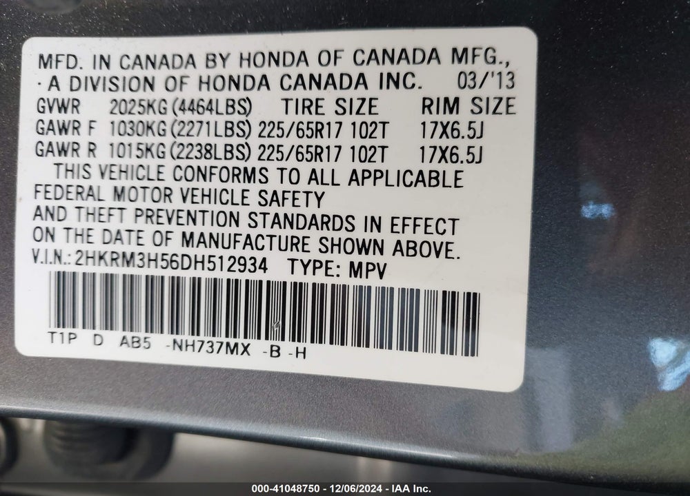 2013 HONDA CR-V EX VIN: 2HKRM3H56DH512934