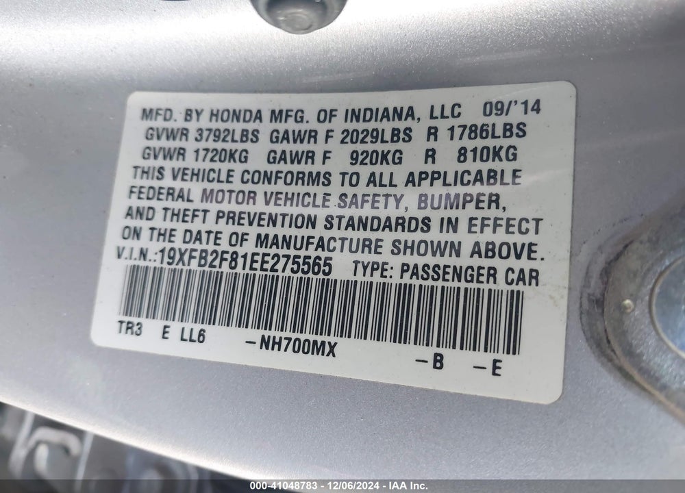 2014 HONDA CIVIC VIN: 19XFB2F81EE275565