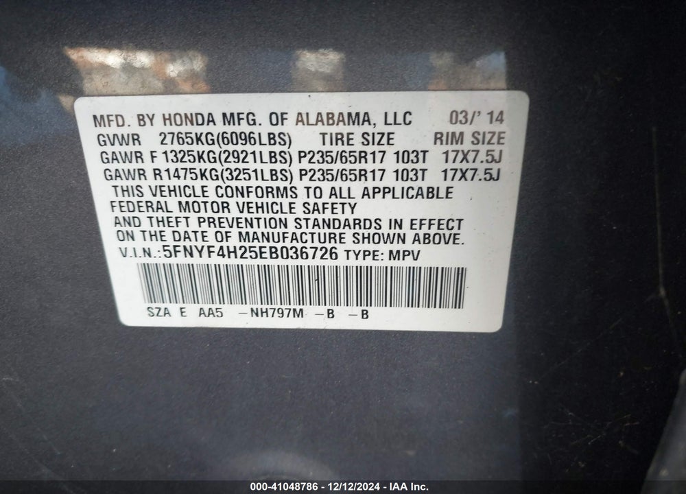 2014 HONDA PILOT LX VIN: 5FNYF4H25EB036726