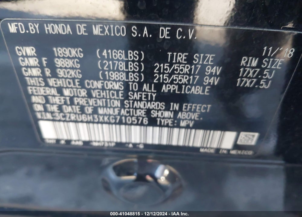 2019 HONDA HR-V LX VIN: 3CZRU6H3XKG710576