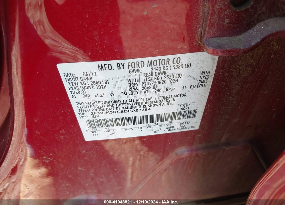 2013 FORD EDGE LIMITED VIN: 2FMDK3KC8DBA67384