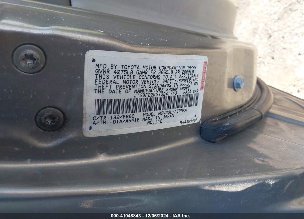 2000 TOYOTA CAMRY LE V6 VIN: JT2BF22K2Y0241743