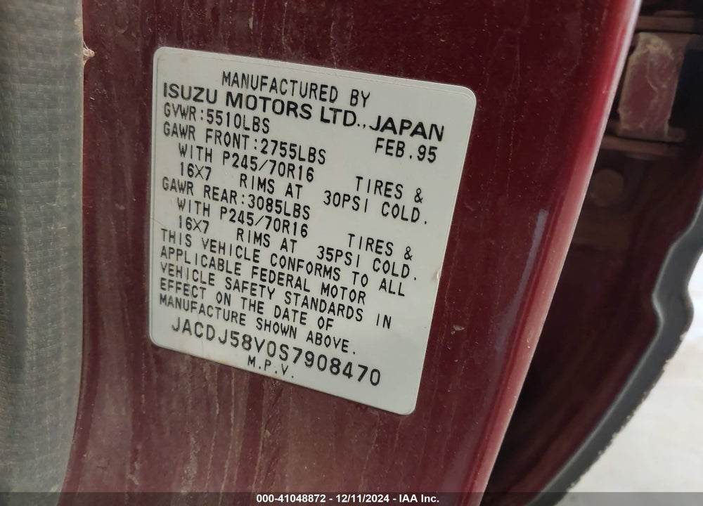 1995 ISUZU TROOPER S VIN: JACDJ58V0S7908470