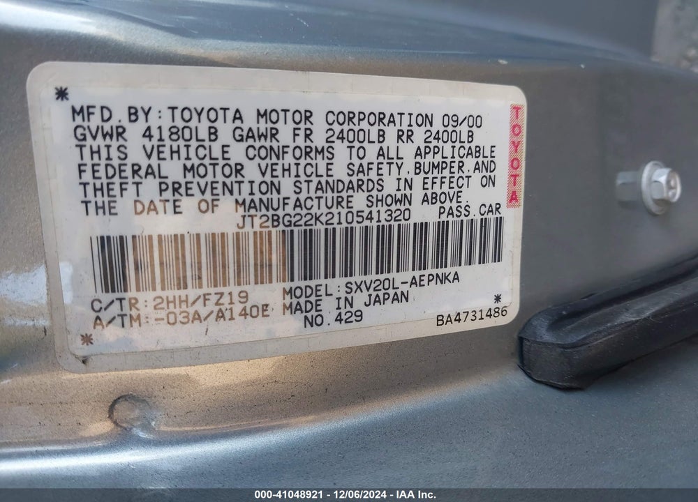 2001 TOYOTA CAMRY LE VIN: JT2BG22K210541320