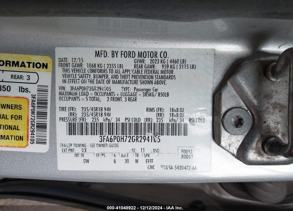 2016 FORD FUSION SE VIN: 3FA6P0H72GR294105
