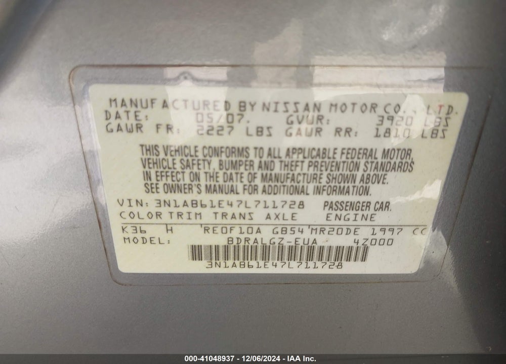 2007 NISSAN SENTRA VIN: 3N1AB61E47L711728