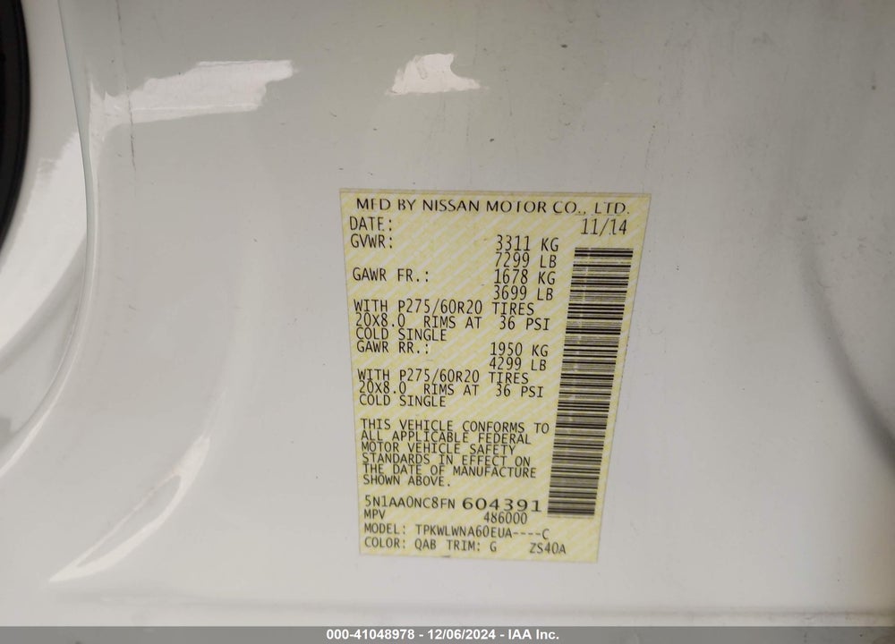 2015 NISSAN ARMADA PLATINUM VIN: 5N1AA0NC8FN604391