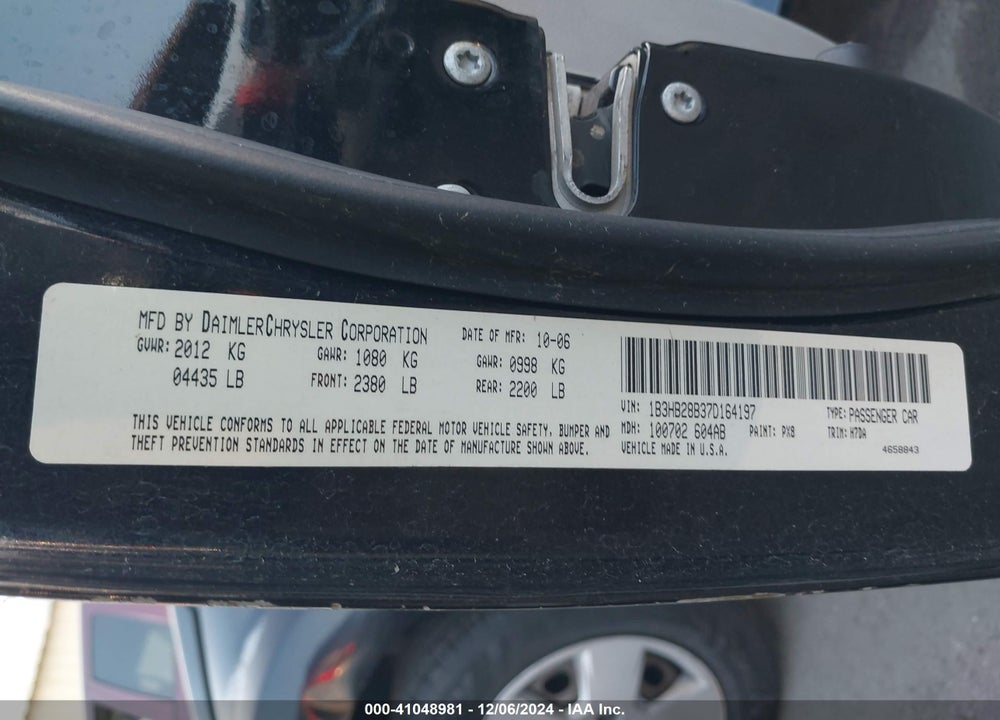 2007 DODGE CALIBER VIN: 1B3HB28B37D164197