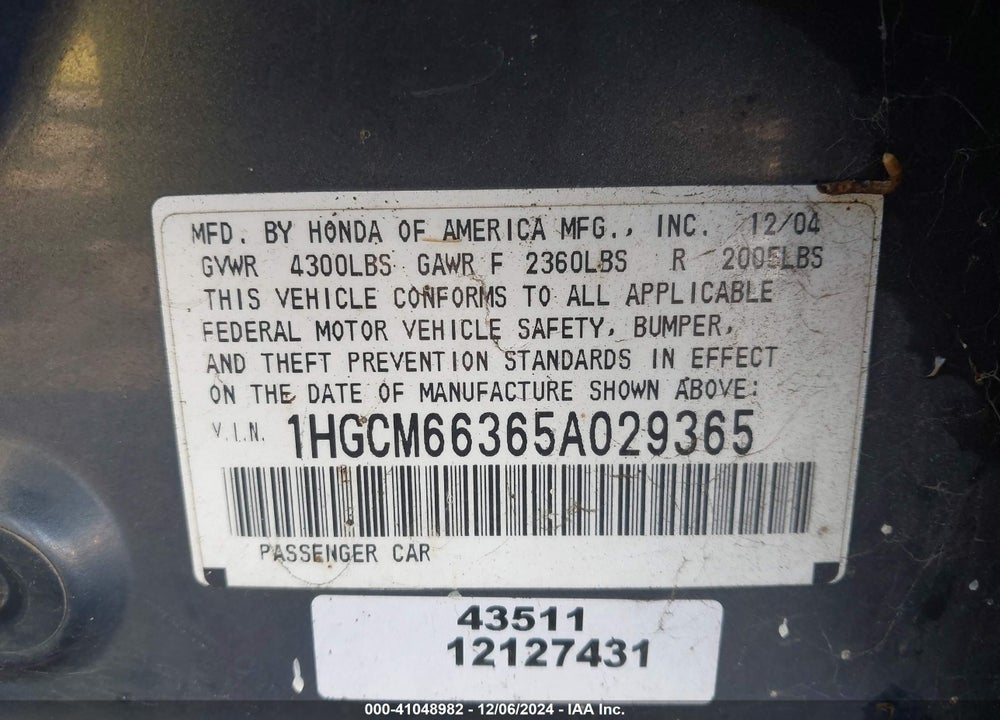 2005 HONDA ACCORD 3.0 LX VIN: 1HGCM66365A029365