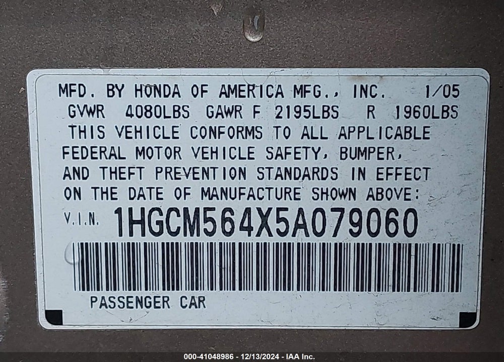 2005 HONDA ACCORD 2.4 LX VIN: 1HGCM564X5A079060