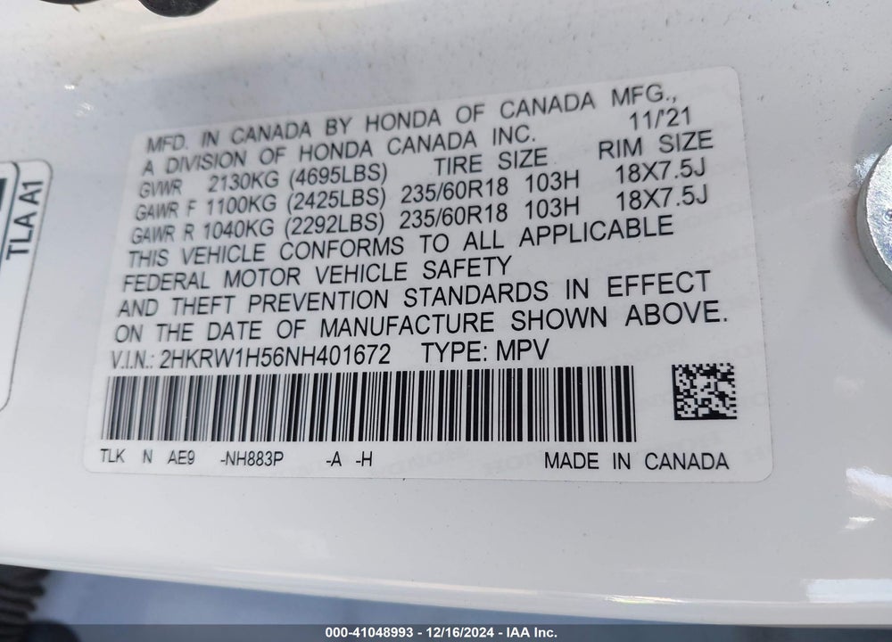 2022 HONDA CR-V 2WD EX VIN: 2HKRW1H56NH401672