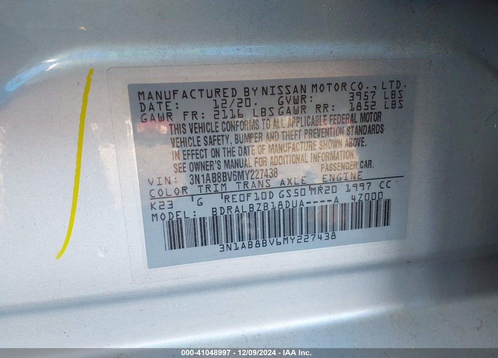 2021 NISSAN SENTRA VIN: 3N1AB8BV6MY227438