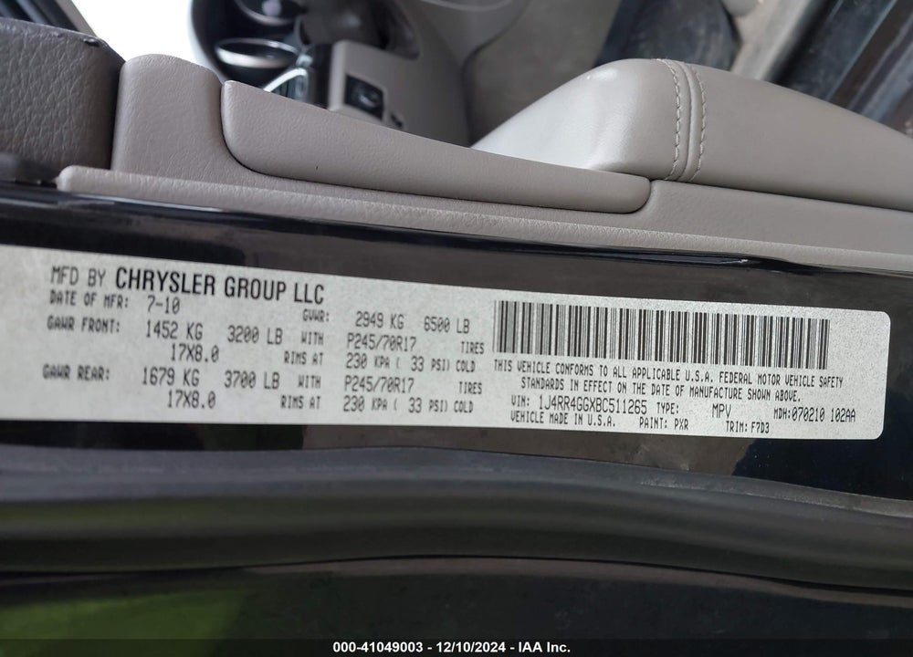 2011 JEEP GRAND CHEROKEE LAREDO VIN: 1J4RR4GGXBC511265
