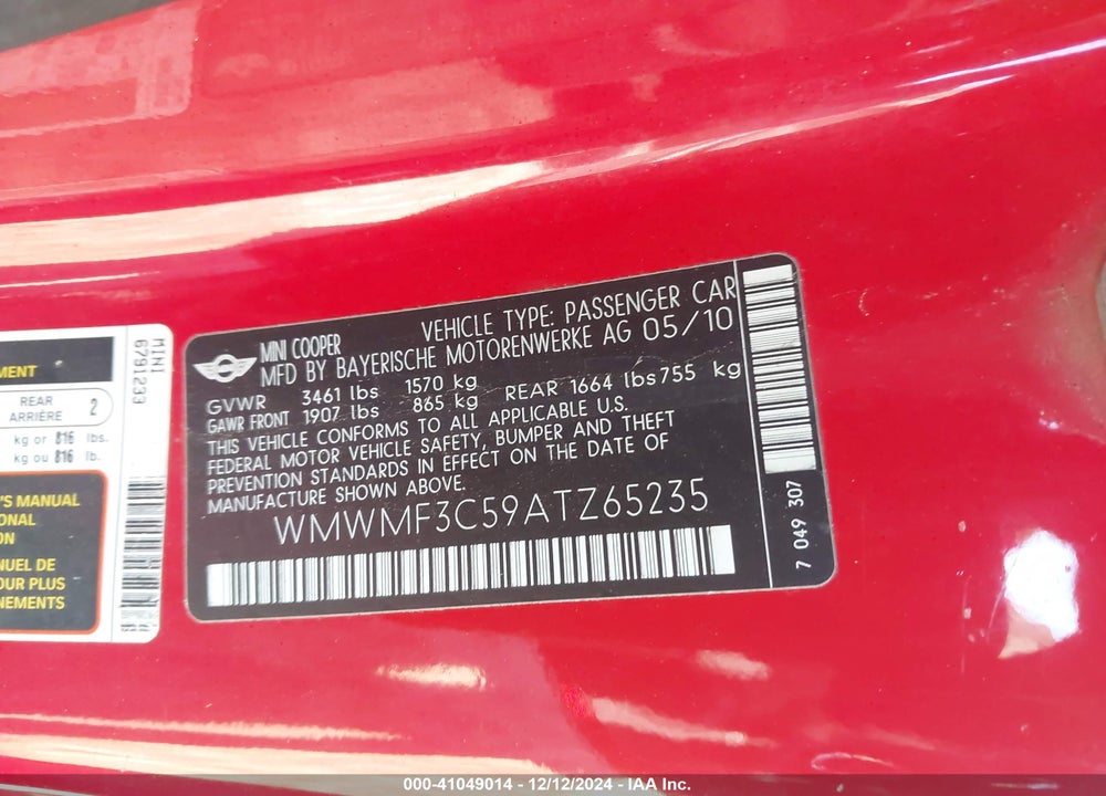 2010 MINI COOPER VIN: WMWMF3C59ATZ65235
