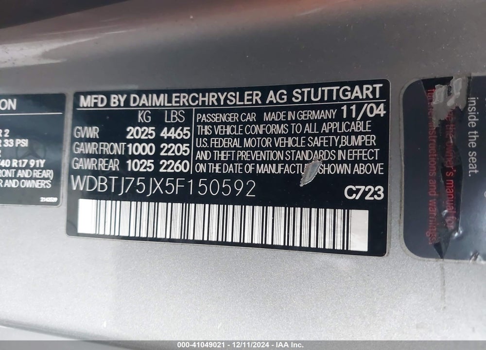 2005 MERCEDES-BENZ CLK 500 VIN: WDBTJ75JX5F150592