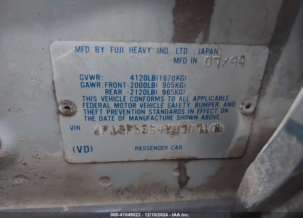 2000 SUBARU FORESTER L VIN: JF1SF6354YH707106